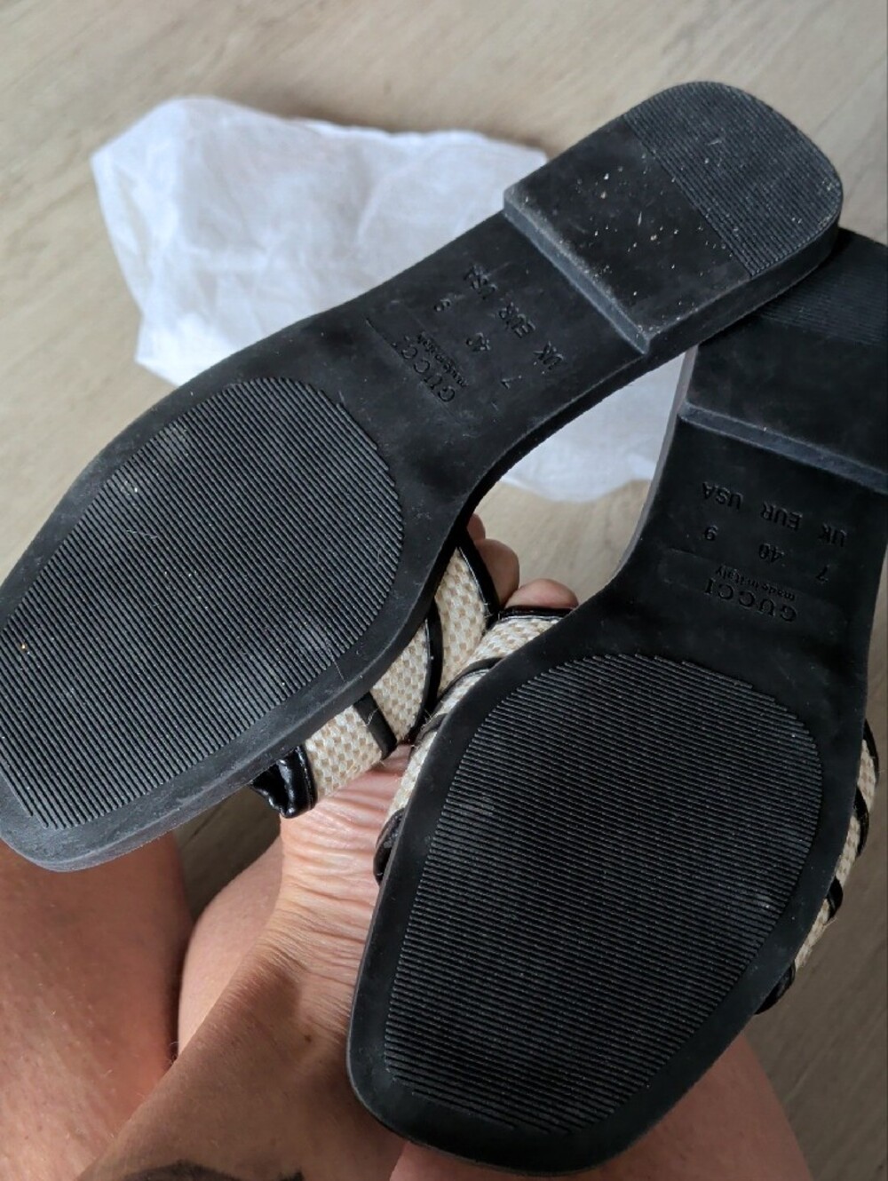 Brand New Women’s Black and Cream Slip-On Sandals with Gold Hardware - Picture 2 of 3